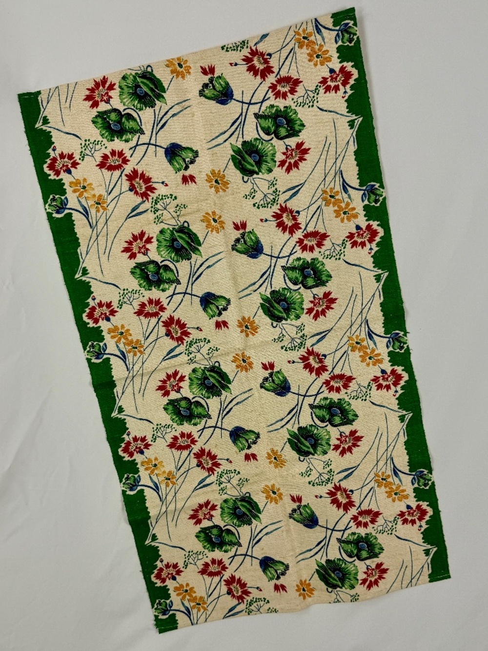 Vintage 100% Linen Tea Dish Towel Red Blue Green Floral Excellent Condition